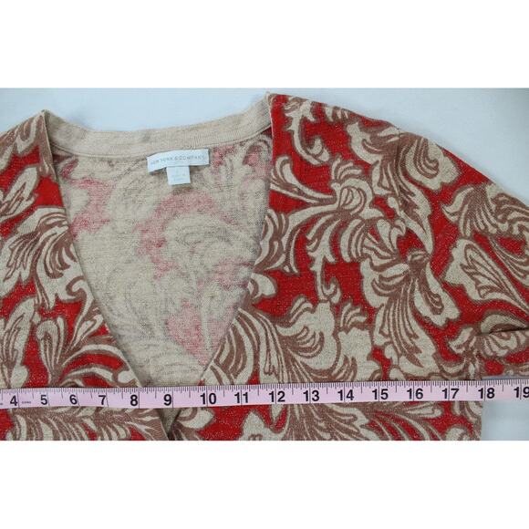 New York & Company Red Gold Metallic Baroque Cardigan Sweater Size L - Picture 5 of 6